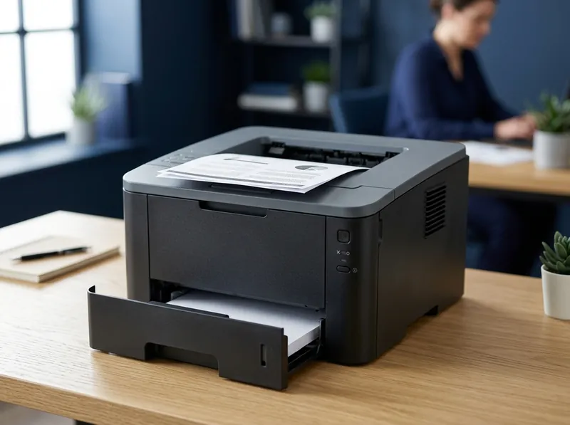 Impressora laser preto e branco em mesa de escritório